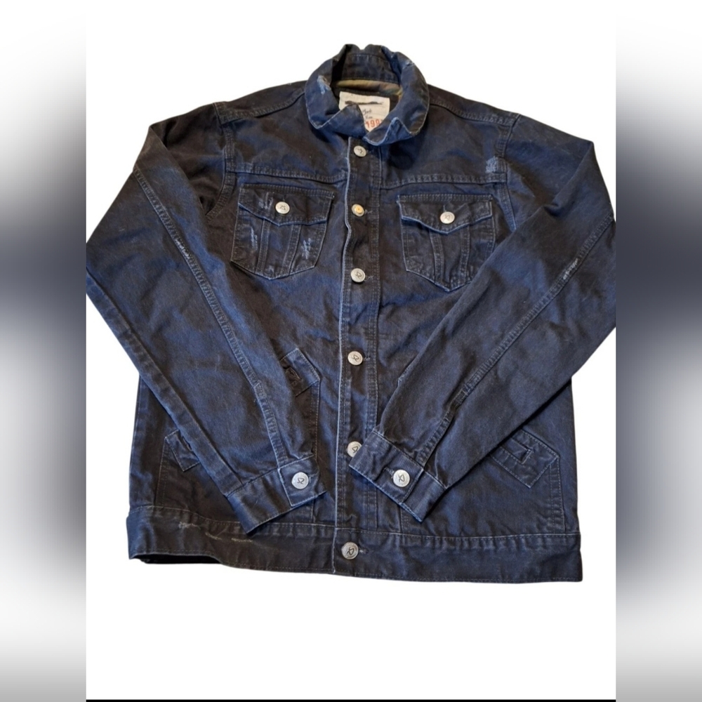 Smoke Rise Denim Men's Trucker Distressed Black Jacket Large